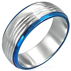 Prsteň z chirurgickej ocele s dvoma modrými pruhmi D5.7 vyobraziť