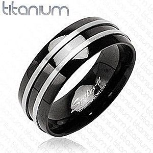 Čierny prsteň z titánu - dva tenké pásy striebornej farby J1.9 vyobraziť