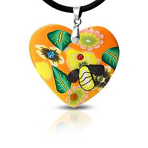Fimo náhrdelník - oranžové srdce s kvetmi a včelička S17.24 vyobraziť