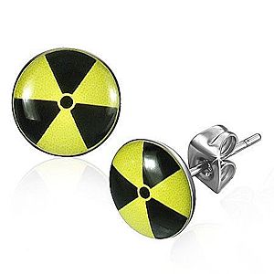 Okrúhle oceľové náušnice - žltočierny nukleárny symbol R22.10 vyobraziť