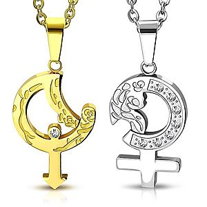 Oceľové prívesky pre dvojicu - zlatá a strieborná farba, symboly muža a ženy s ružou S17.17 vyobraziť