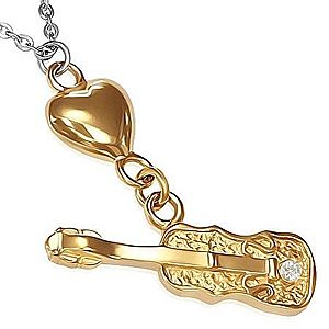 Oceľový náhrdelník - retiazka, srdce zlatej farby a gitara so zirkónom AA34.03 vyobraziť
