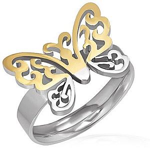 Oceľový prsteň - vyrezávaný motýľ zlato-striebornej farby E4.6 vyobraziť