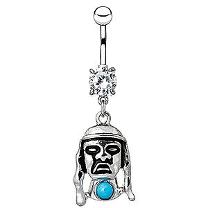 Piercing do pupku z ocele - tvár indiána s modrým kameňom AA21.06 vyobraziť