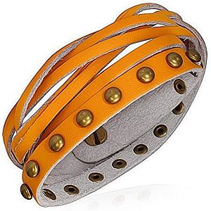 Kožený náramok - oranžové pásiky, zlaté polgule a pletenec AB22.11 vyobraziť