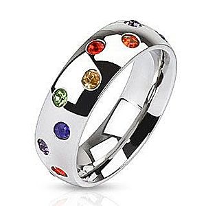 Oceľový prsteň - obrúčka striebornej farby, farebné kamienky L4.01 vyobraziť