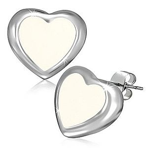 Puzetové náušnice z ocele - maslovo biele srdce s okrajom striebornej farby AA40.02 vyobraziť