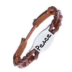 Úzky pletený náramok z kože - karamelový, známka "PEACE" Z13.2 vyobraziť