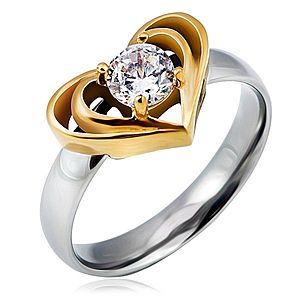 Oceľový prsteň striebornej farby s dvojitým srdcom zlatej farby, číry zirkón L12.10 vyobraziť