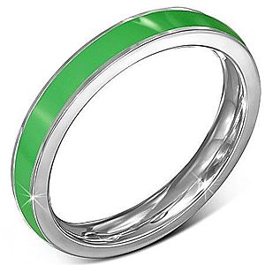 Tenký oceľový prsteň - obrúčka, zelený pruh, okraj striebornej farby J1.17 vyobraziť