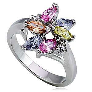 Lesklý kovový prsteň - kvet, farebné slzičkové a okrúhle zirkóny L9.04 vyobraziť