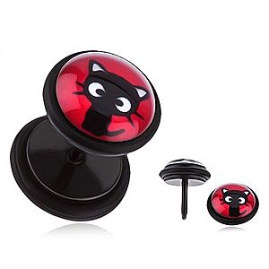 Oceľový fake plug do ucha - sediace čierne mačiatko, červený podklad PC28.09 vyobraziť
