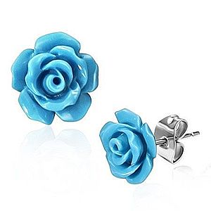 Oceľové puzetové náušnice, lesklé modré kvietky ruže AC14.21 vyobraziť