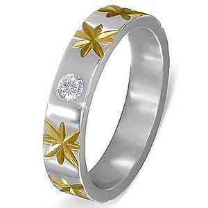 Oceľový prsteň striebornej farby s hviezdami zlatej farby a čírym zirkónom BB5.18 vyobraziť