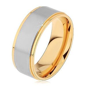 Lesklý oceľový prsteň strieborno-zlatej farby s dvomi zárezmi L8.01 vyobraziť