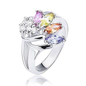 Lesklý prsteň striebornej farby, vejár z farebných a čírych zirkónov L14.06 vyobraziť