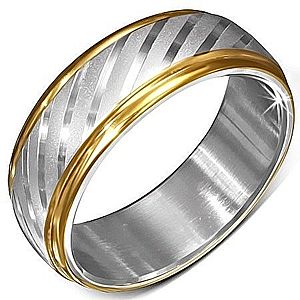 Oceľový prsteň s okrajmi zlatej farby a saténovými diagonálnymi pásmi BB7.3 vyobraziť