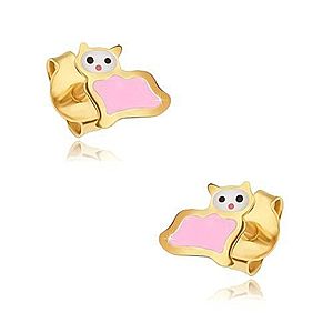 Zlaté puzetové náušnice 375 - plochá ružovo-biela mačička, lesklý email GG03.40 vyobraziť