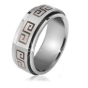 Lesklý prsteň z ocele - matná točiaca sa obruč, sivý grécky kľúč BB14.03 vyobraziť