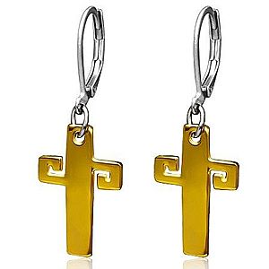 Oceľové náušnice zlatej farby, kríž s gréckym kľúčom S34.17 vyobraziť
