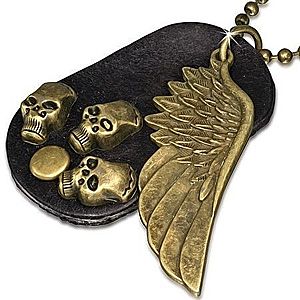 Náhrdelník - hnedá kožená oválna známka, krídlo, lebky, retiazka S42.17 vyobraziť