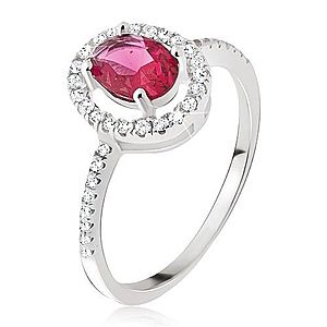 Strieborný prsteň 925 - oválny ružovočervený kamienok, zirkónová obruba BB17.04 vyobraziť