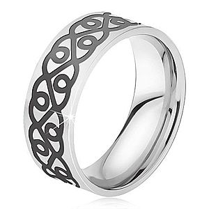 Oceľový prsteň - obrúčka striebornej farby, hrubý čierny ornament, srdcia BB17.02 vyobraziť