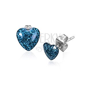 Náušnice z ocele, symetrické trblietavé srdce modrej farby S49.10 vyobraziť