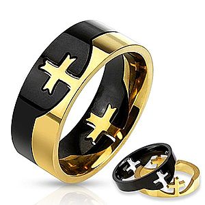 Dvojdielny prsteň čierno-zlatej farby z chirurgickej ocele, kríž BB12.09 vyobraziť