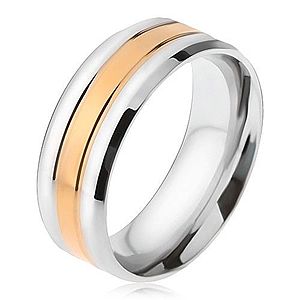 Oceľový prsteň, pásy striebornej a zlatej farby, zošikmené okraje BB16.11 vyobraziť