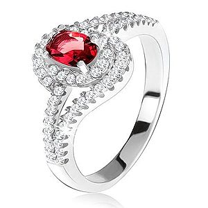 Strieborný 925 prsteň, červený kameň s lemom, zvlnené zirkónové ramená T21.6 vyobraziť