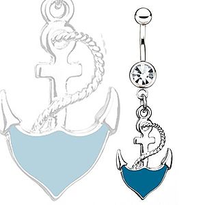 Oceľový piercing do pupka - modrá kotva s lanom, číry kamienok S74.04 vyobraziť