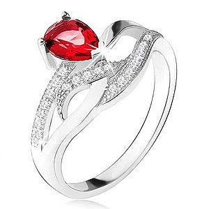Lesklý prsteň zo striebra 925, červený kameň v tvare slzy, zvlnené zirkónové línie S75.16 vyobraziť