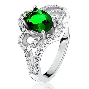 Strieborný 925 prsteň, šikmý oválny zelený zirkón, zaoblené línie, číre kamienky SP29.06 vyobraziť