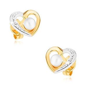 Zlaté ródiované náušnice 375 - dvojfarebný obrys srdca, biela perlička GG35.05 vyobraziť