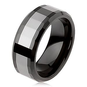 Lesklý volfrámový prsteň, dvojfarebný, geometricky brúsený povrch AB34.05 vyobraziť