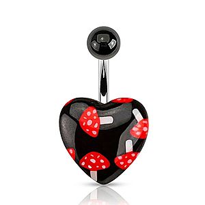 Čierny piercing do bruška z ocele, gulička, srdce - červené muchotrávky PC05.23 vyobraziť