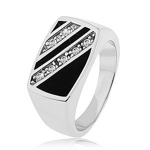 Strieborný prsteň 925, obdĺžnik - šikmé línie čírych zirkónov, čierna glazúra S83.16 vyobraziť