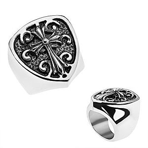 Patinovaný prsteň z ocele 316L, erb s ľaliovým krížom, ornamenty T22.14 vyobraziť