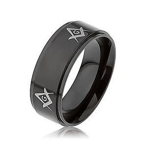 Oceľový prsteň čiernej farby, symboly slobodomurárov na vyvýšenom páse SP63.27 vyobraziť