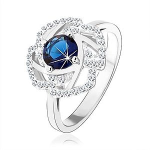 Strieborný 925 prsteň, trblietavý obrys kvetu, modrý okrúhly zirkón HH2.3 vyobraziť