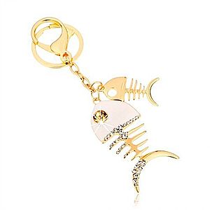 Prívesok na kľúče v zlatom odtieni, dve lesklé rybie kosti, biela glazúra, zirkóny SP65.18 vyobraziť