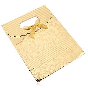 Darčeková taštička z papiera, lesklý povrch zlatej farby, srdiečka, špirály, pásiky U24.7 vyobraziť