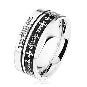 Oceľový prsteň striebornej farby, čierne prúžky, keltské symboly HH11.13 vyobraziť