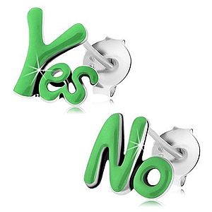 Puzetové náušnice zo striebra 925, patinované slová Yes a No, zelená glazúra I24.04 vyobraziť