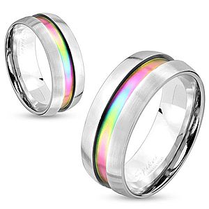 Oceľový prsteň striebornej farby, dúhový prúžok, vyvýšené okraje, 8 mm HH16.4 vyobraziť