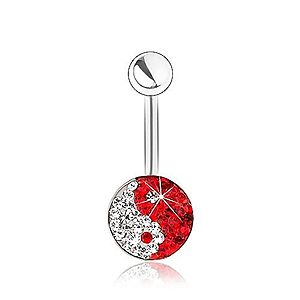 Oceľový piercing do bruška, symbol Jin a Jang, číre a červené zirkóniky SP33.24 vyobraziť