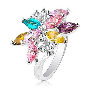 Ligotavý prsteň striebornej farby, veľký asymetrický kvet z farebných zirkónov R26.9 vyobraziť