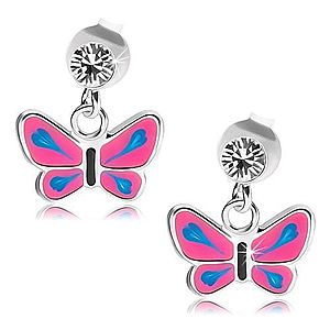 Náušnice zo striebra 925, číry krištálik, motýľ s ružovými krídlami, modré slzy PC21.07 vyobraziť