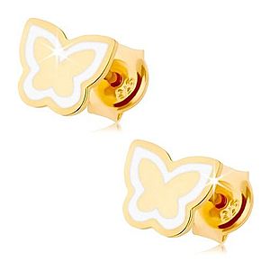Náušnice zo žltého 14K zlata - lesklý plochý motýlik, kontúra z bielej glazúry GG87.15 vyobraziť